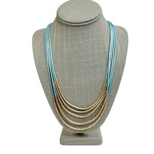 LOFT Light Blue Multi Cord Gold Tone Tube Beaded Statement Necklace